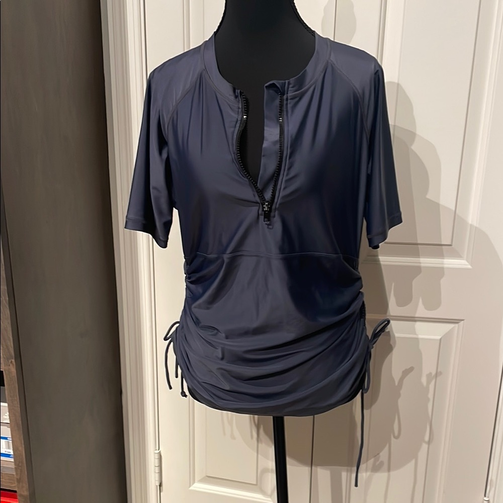 Gray V-Neck Swim Shirt with Ruched Sides (A)